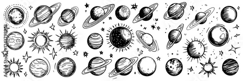 Collection of hand-drawn planets and celestial bodies with stars and suns on a white background