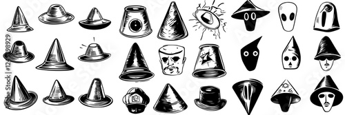 Various unique hat designs featuring unconventional shapes and artistic styles in black and white collection