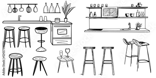 Stylish kitchen furniture sketches showcasing modern bar stools and countertop design