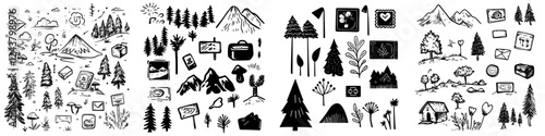 Nature-themed black and white illustrations featuring mountains, trees, and outdoor adventure elements