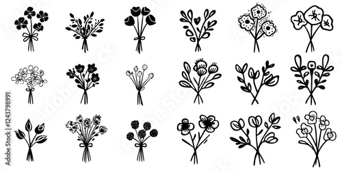 Colorful hand-drawn floral bouquets capturing a variety of plant styles and arrangements for decorative use