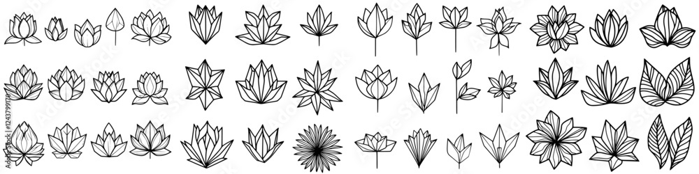 Various hand-drawn floral designs featuring different styles and leaf shapes displayed in monochrome art Various hand-drawn floral designs featuring different styles and leaf shapes displayed in monochrome art