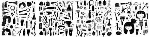 Creative arrangement of various hair and beauty tools in a stylized pattern across a horizontal layout