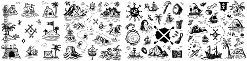 Treasure map illustrations featuring islands, ships, and symbols related to pirates and adventure