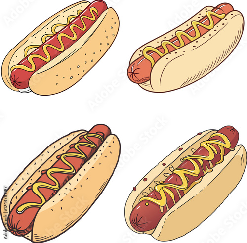 Realistic vector illustration of a hot dog, featuring ketchup and mustard, highlighting its appetizing appearance
