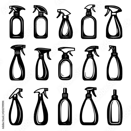 Collection of various spray bottles arranged in a grid pattern on a plain background for cleaning and personal care purposes