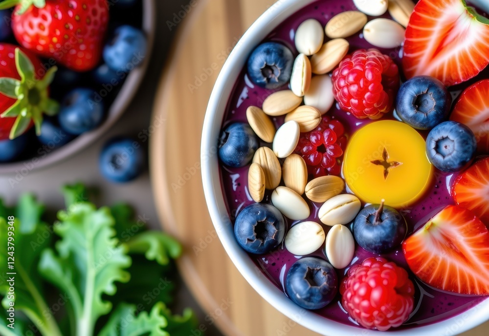A vibrant acai bowl overflowing with fresh berries nuts and seeds This healthy breakfast or snack is a perfect blend of flavors and nutrients. A vibrant acai bowl overflowing with fresh berries nuts and seeds This healthy breakfast or snack is a perfect blend of flavors and nutrients.