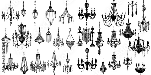 Collection of decorative chandeliers showcasing various styles and designs in black and white representation