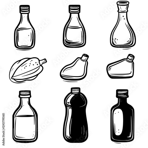 Various glass and plastic bottles arranged in a grid showcasing different shapes and contents for culinary purposes