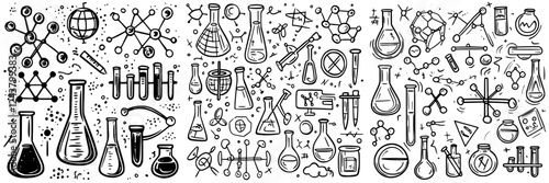 Various laboratory equipment and scientific symbols illustrating chemistry concepts in a detailed black and white illustration