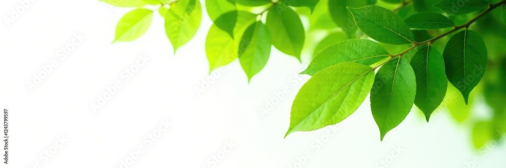 Lush green leaves on a tree against a white background, greenery, tranquility Lush green leaves on a tree against a white background, greenery, tranquility