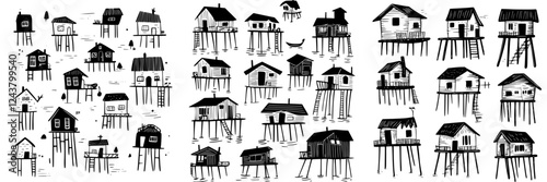Unique collection of stilt houses in a water setting showcasing various architectural styles and designs