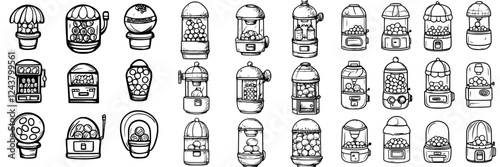 Collection of vintage gumball machines showcasing designs and styles from different eras in a delightful black and white format