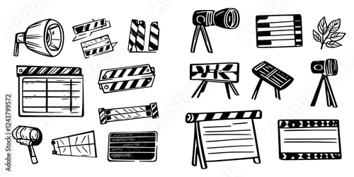 Collection of various film production elements including clapperboards, lighting equipment, and camera stands