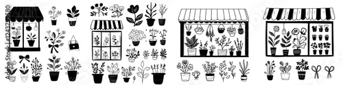 Colorful flower shops filled with various plants and decorative pots in a vibrant city setting