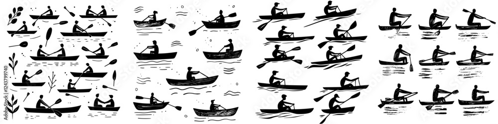 Kayaking activities in various styles and techniques captured during a sunny day on a calm lake Kayaking activities in various styles and techniques captured during a sunny day on a calm lake