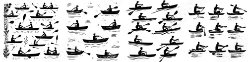 Kayaking activities in various styles and techniques captured during a sunny day on a calm lake