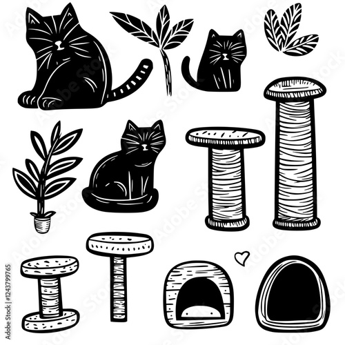Cats and natural elements illustrated with playful designs featuring plants and scratching posts in black and white