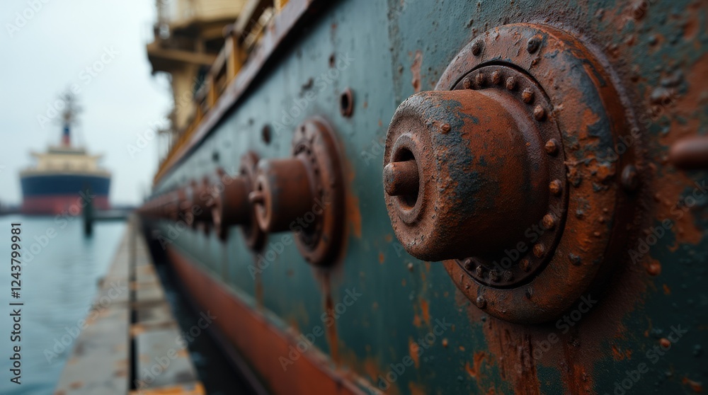 Rusty Dock Equipment and Ships Moored at a Busy Harbor During Overcast Weather Rusty Dock Equipment and Ships Moored at a Busy Harbor During Overcast Weather