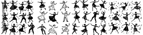 Multiple couples dancing joyfully together in a celebration, showcasing lively movements and traditional attire