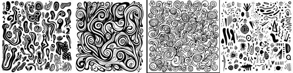 Abstract designs featuring swirls and shapes in black and white on textured backgrounds Abstract designs featuring swirls and shapes in black and white on textured backgrounds