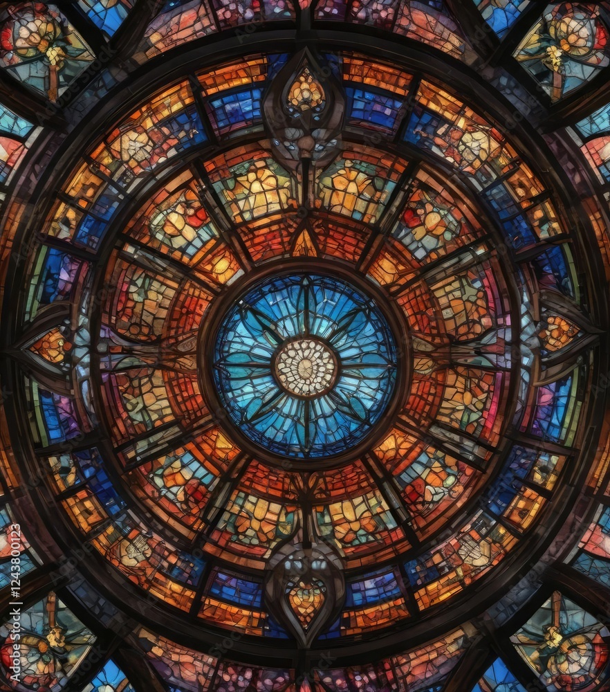 Obraz premium Vibrant stained glass window featuring a kaleidoscope of colors, windows, art