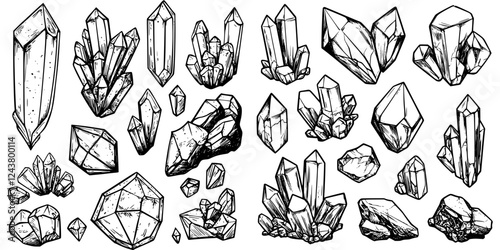 Diverse crystal formations illustrated in detailed black and white sketches showcasing various shapes and sizes
