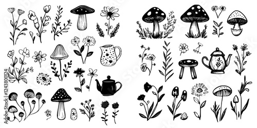 Intricate black and white illustrations of mushrooms and wildflowers in a botanical design
