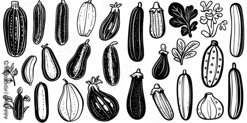 Variety of hand-drawn vegetables nestled together in a creative arrangement on a white background
