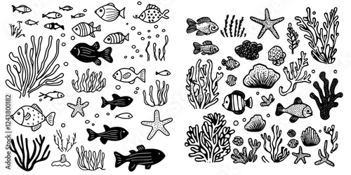 Underwater marine life with various fish, corals, and starfish in a vibrant ocean ecosystem