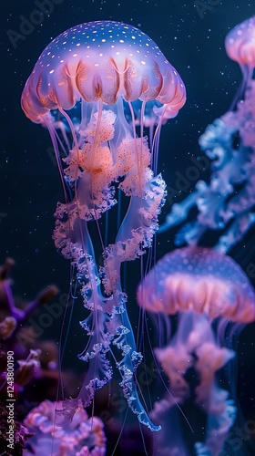 Luminescent pink and purple jellyfish floating gracefully in dark ocean waters, perfect for nature magazines, marine biology education or underwater photography projects. photo