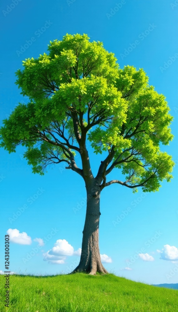Majestic tree with sprawling branches and lush leaves against a clear blue sky, peaceful, majestic, branch Majestic tree with sprawling branches and lush leaves against a clear blue sky, peaceful, majestic, branch