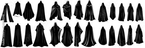 Diverse silhouettes of cloaked figures in various stances and poses against a white background