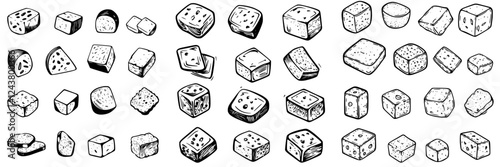 Variety of hand-drawn dice in various shapes and sizes arranged on a white background showcasing diverse gaming possibilities