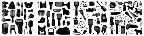 Variety of grooming tools for pets displayed in a creative arrangement