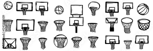 Unique collection of hand-drawn basketball hoops and balls in various designs and styles created from black ink
