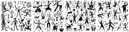 Abstract black and white artwork with dynamic figures celebrating joy and movement in a festive atmosphere