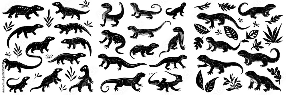 Various Black Silhouettes of Lizards Amidst Tropical Foliage Displaying Diversity in Shape and Size Various Black Silhouettes of Lizards Amidst Tropical Foliage Displaying Diversity in Shape and Size