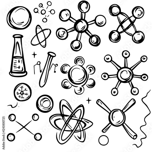 Creative sketches of scientific symbols and equipment illustrating chemistry and physics concepts for educational purposes