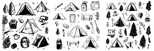 Camping illustrations featuring tents and outdoor gear in a playful black and white design