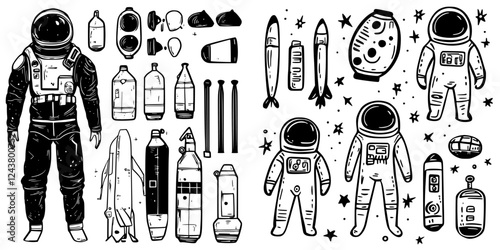 Collection of astronaut illustrations and space equipment designs for educational and creative purposes