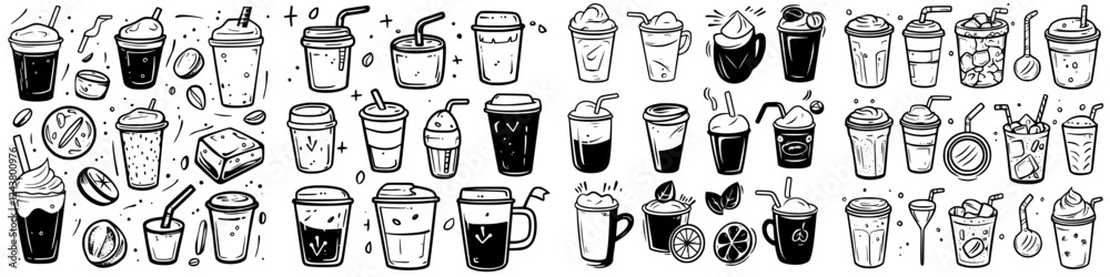 Collection of hand-drawn beverage illustrations showcasing various drinks and desserts in a creative layout