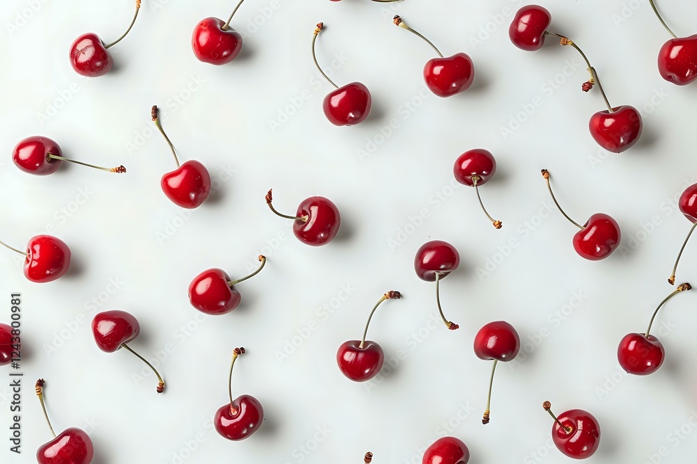 Fresh ripe red cherries scattered on white background in minimal creative pattern layout, perfect for food marketing, menu design, and seasonal summer promotions. Fresh ripe red cherries scattered on white background in minimal creative pattern layout, perfect for food marketing, menu design, and seasonal summer promotions.