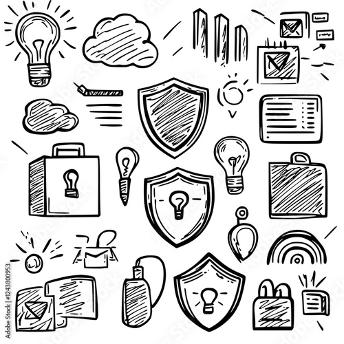 Various hand-drawn icons representing business, security, and communication in a creative layout