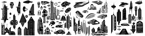 Futuristic cityscape and transportation designs in black and white featuring various architectural and vehicle concepts