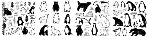Collection of black and white animal illustrations showcasing various species in playful poses and designs for artistic inspiration