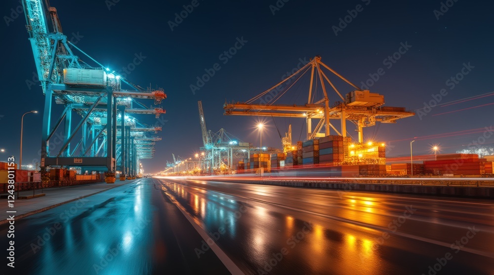 Fototapeta premium Nighttime View of a Busy Shipping Port With Cranes and Cargo Containers Illuminated