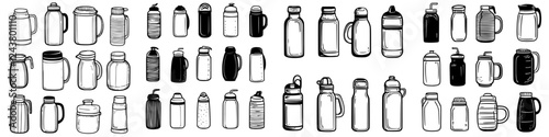 Variety of reusable water bottles displayed in black and white sketch style for eco-friendly hydration options