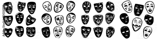 Various dramatic masks designed in black and white illustrating different expressions and emotions