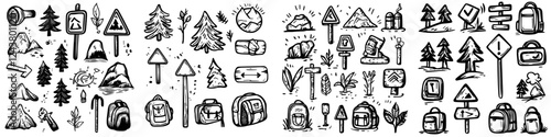 Various outdoor adventure symbols featuring mountains, trees, and hiking gear in a hand-drawn style